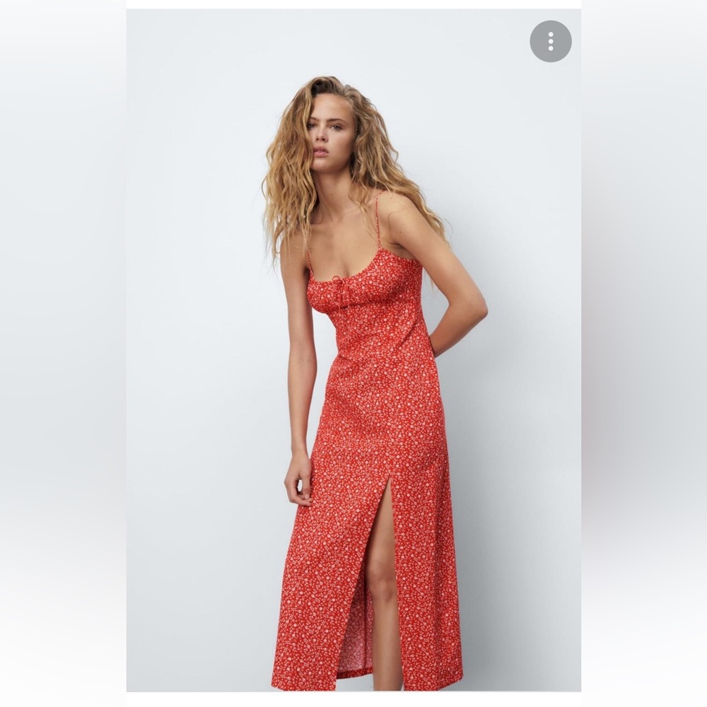 Zara Red Floral Linen Midi Dress